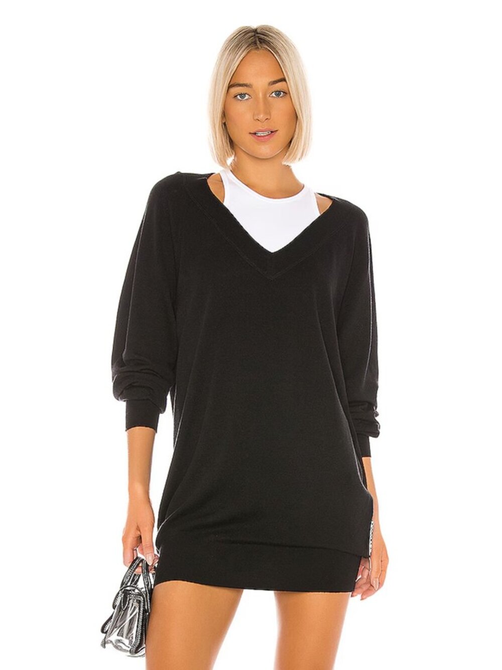 T BY ALEXANDER WANG Black Wool White BI-LAYER Knit Stretch Sweater Mini Dress XS
